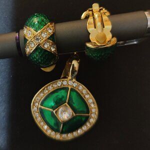 Vintage, Green, Gold, Clip-On Earrings, Dangle Earrings, Oval, Monet, 1990s